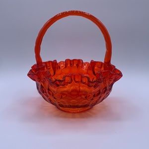 Vintage Fenton Colonial Thumb Print Ruffled Edge Applied Handle Glass Basket